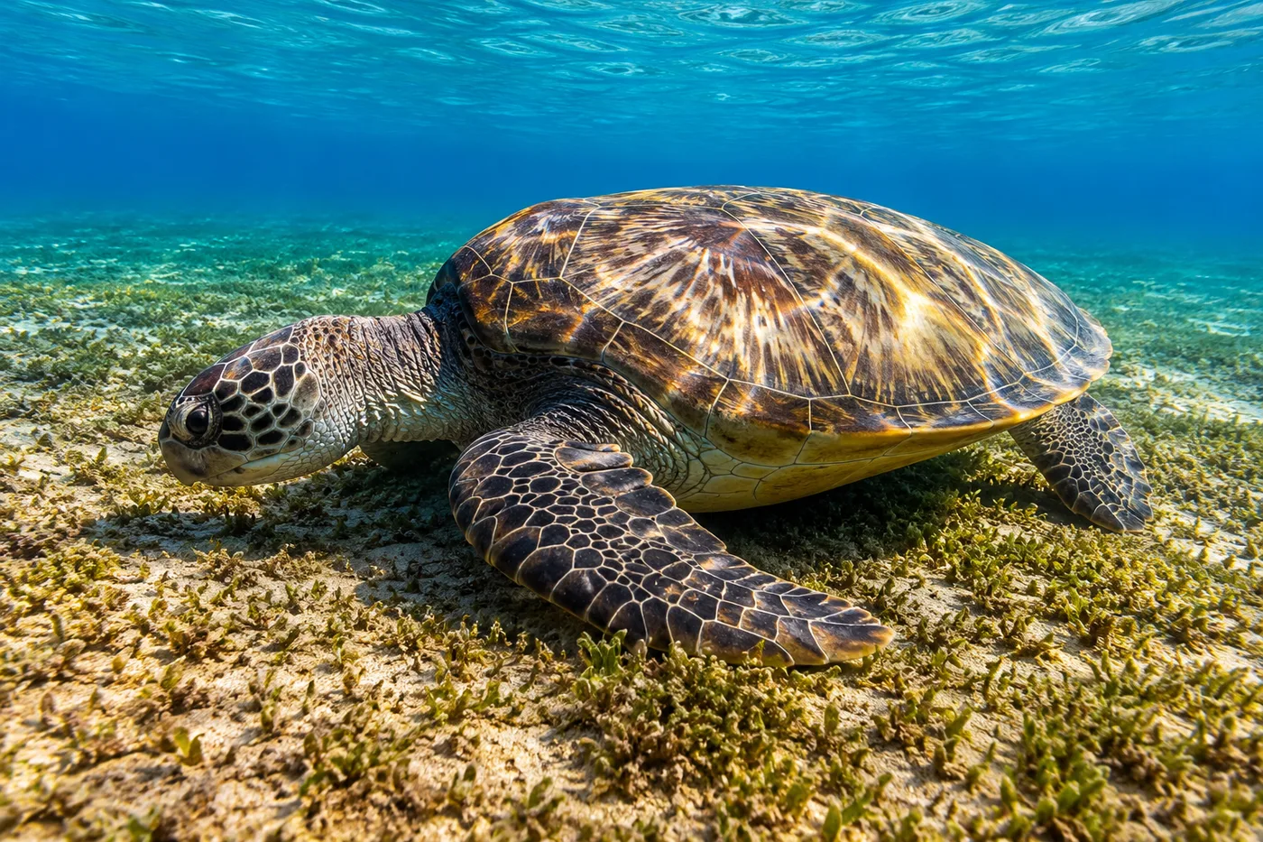 A sea turtle resting on the seagrass meadow at Abu Dabab
