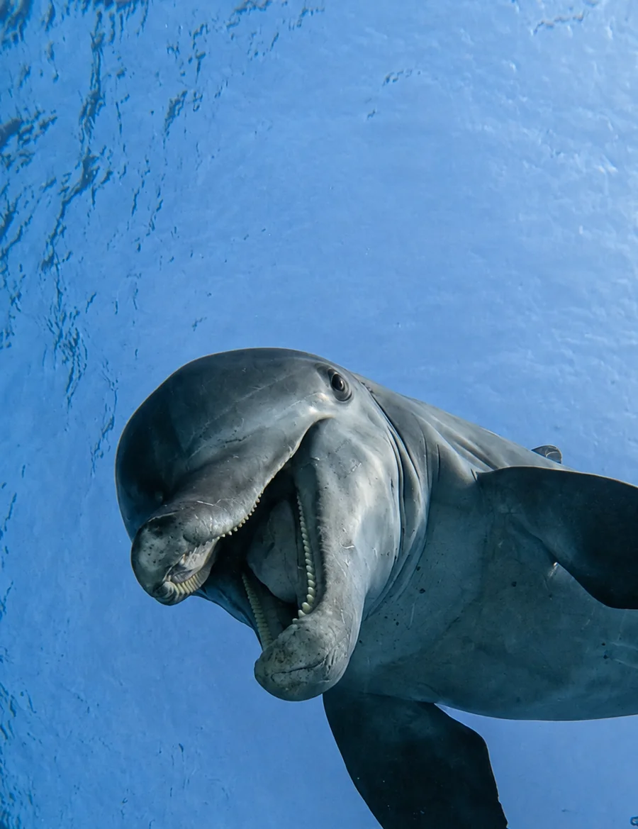 A dolphin up close, with snorkellers in the background