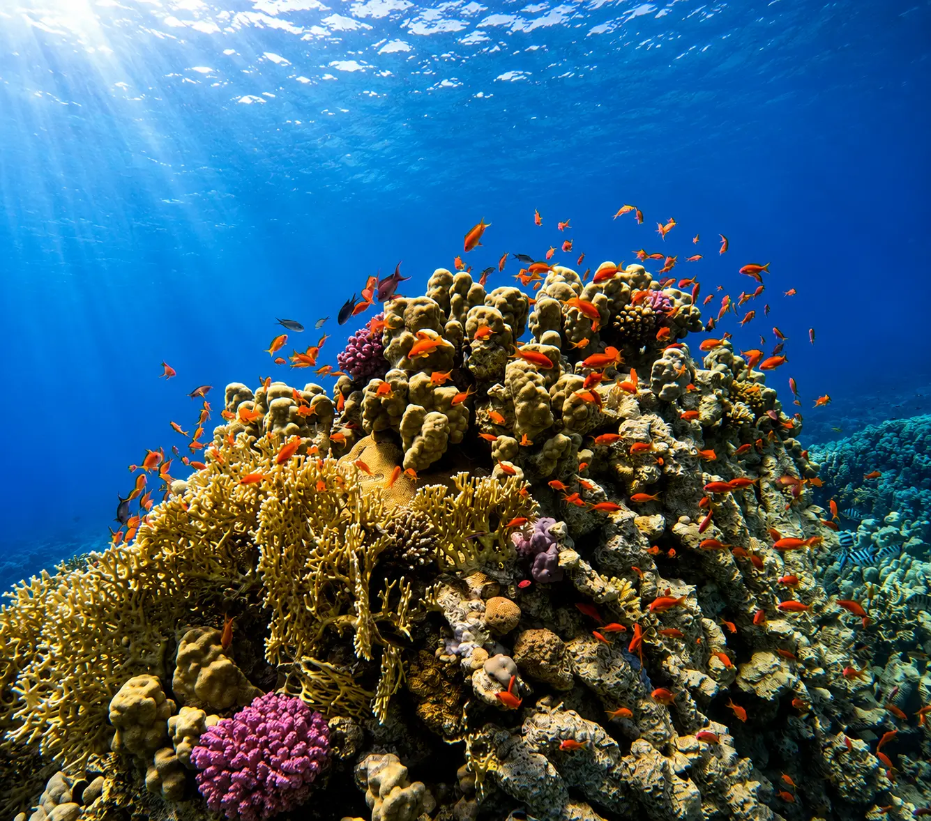 A coral reef with anthias fish in the Red Sea