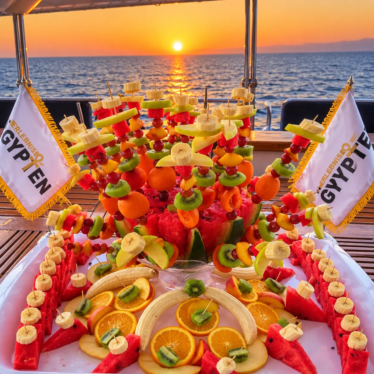 A fresh fruit buffet on board at sunset
